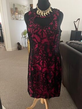 Black Lace Overlay Burgundy Sheath Dress by Alberto Malaki